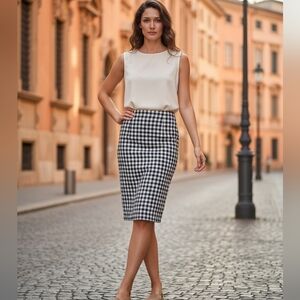 J. Crew Linen Blend Checkered Midi Pencil Skirt in Black and White Size 10